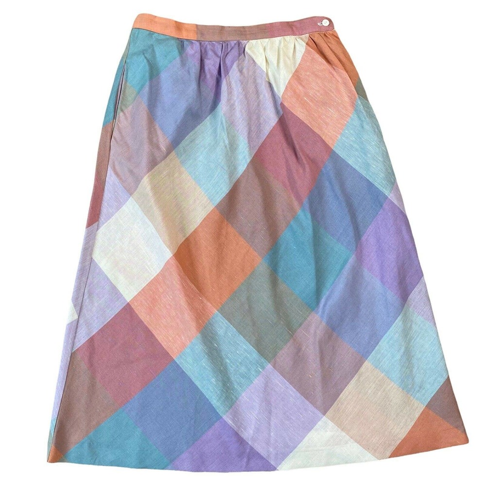 Vintage Plaid Linen Blend Skirt Womens 11/12